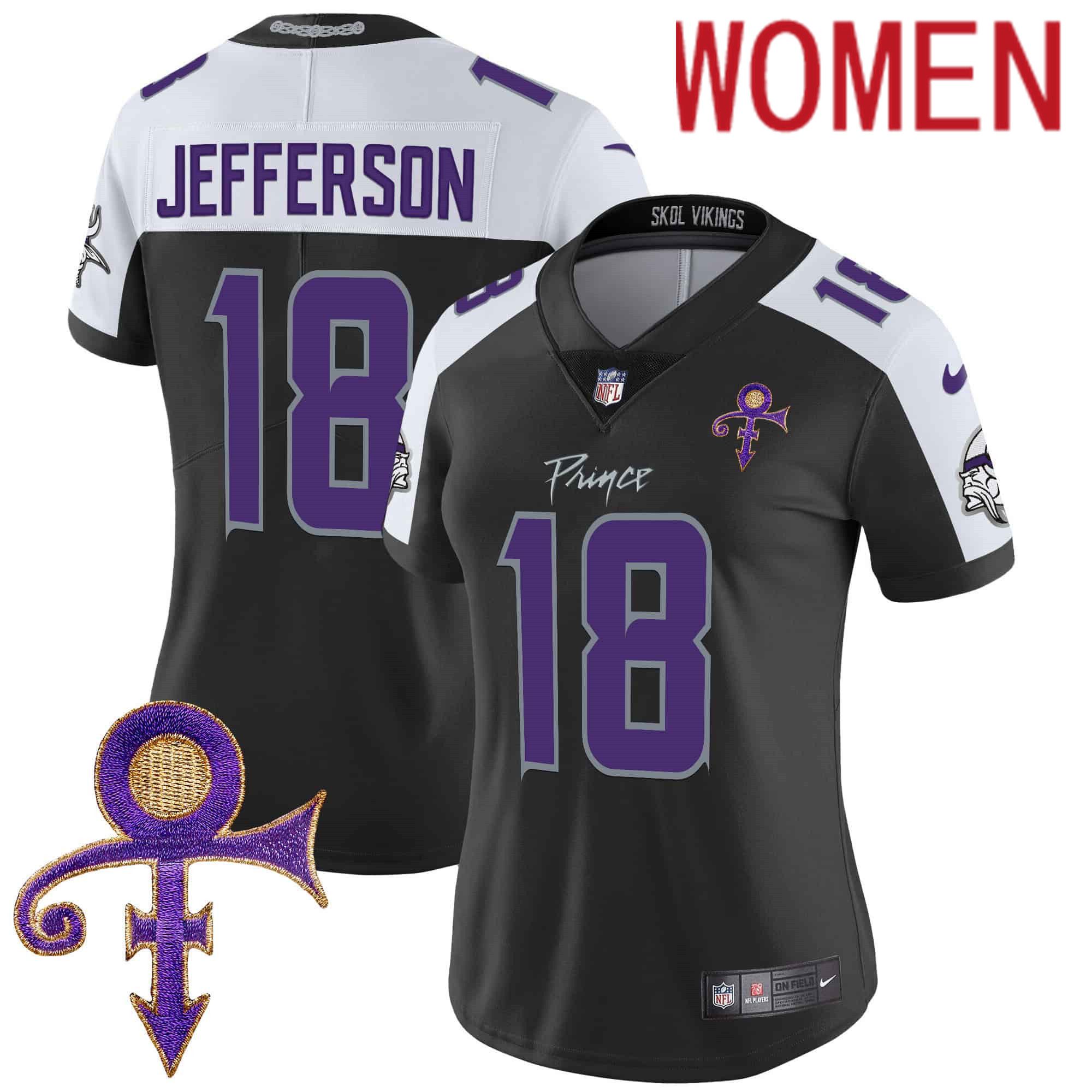 Women Minnesota Vikings #18 Jefferson Black 2024 Nike Prince Vapor Limited NFL Jersey